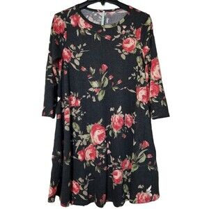 007) Bellamie Dress Medium Floral Charcoal Gray Red Rose 3/4 Qtr Sleeve Womens